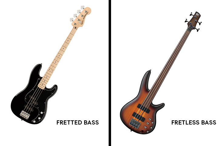 Image of a fretted bass next to a fretless bass