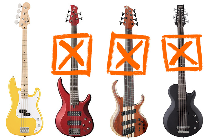 Image with 4 basses with 5, 6, 7 and 12 strings