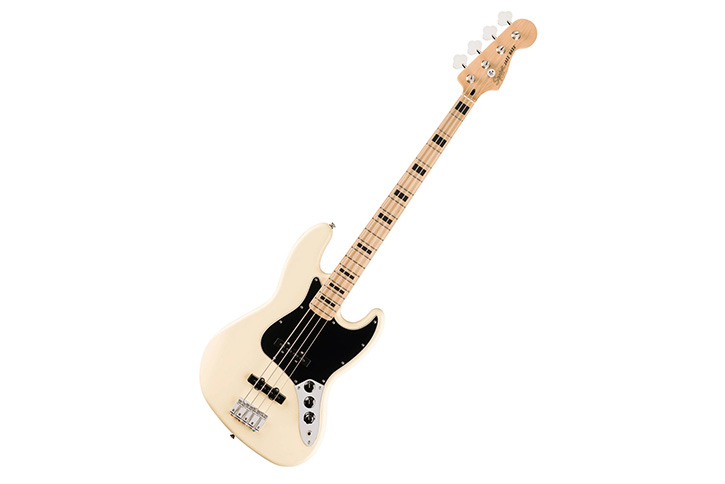 Image of a good looking bass, a Fender Squire Classic 70s Vibe black with block inlays