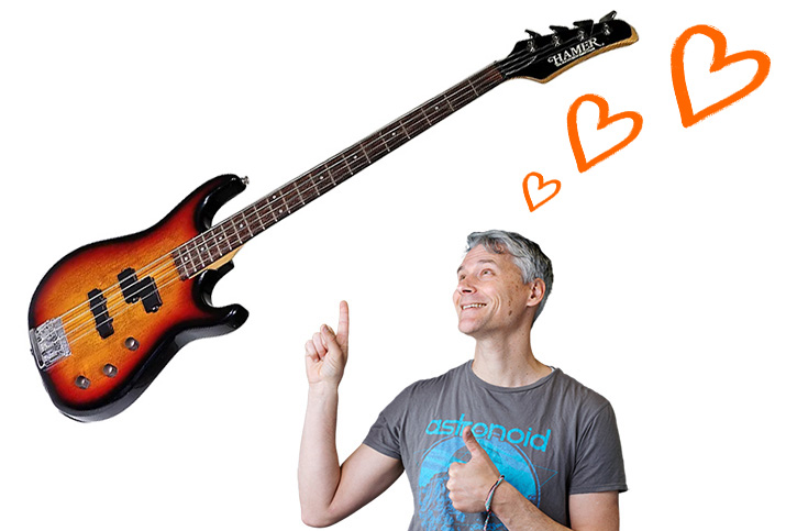 Gio pointing to his beloved Hammer bass