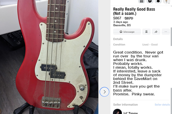 Screenshot of a potential scam ad selling a bass