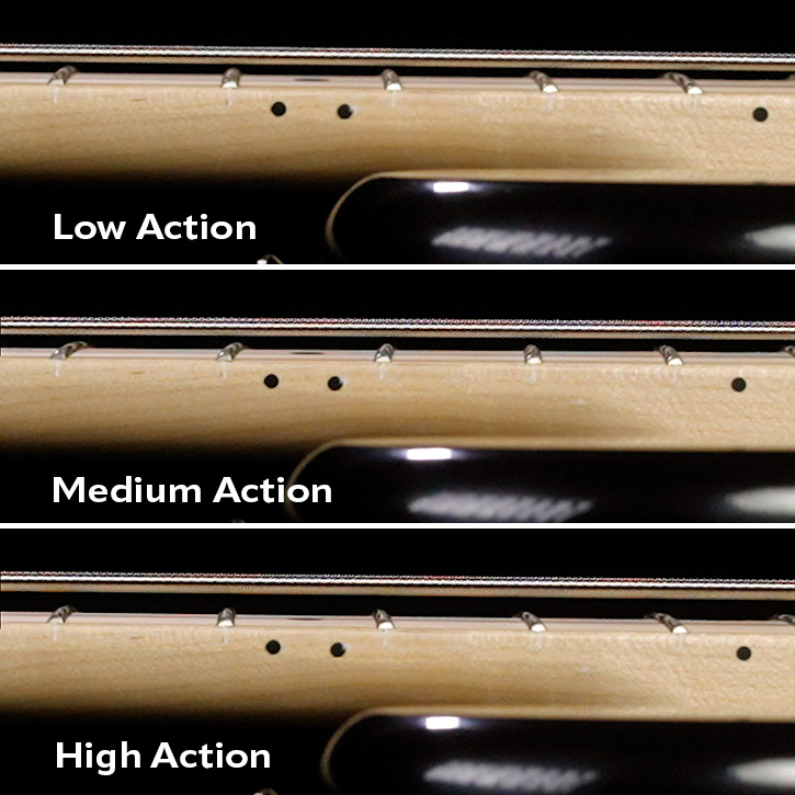 Picture showing various distances between the strings and the fretboard