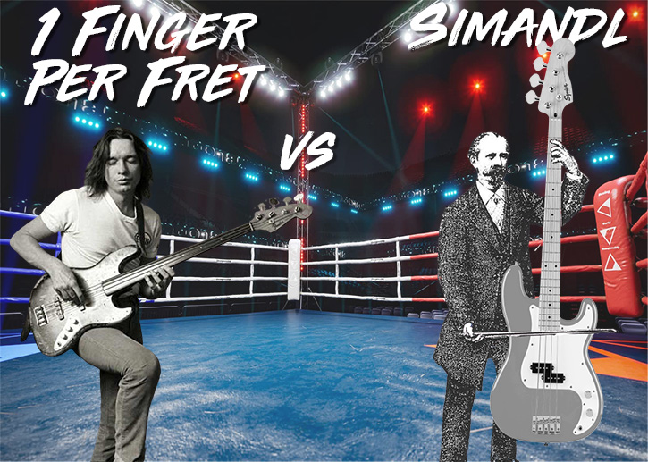Image of Simandl and a bass player in a boxing ring