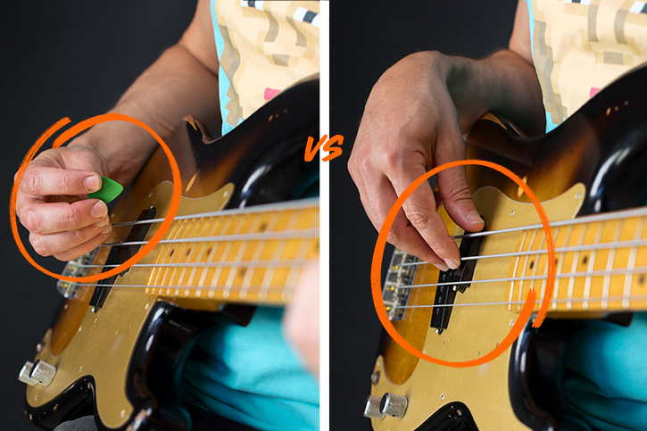 Side by side pictures showing a bassist playing with a pick and plucking