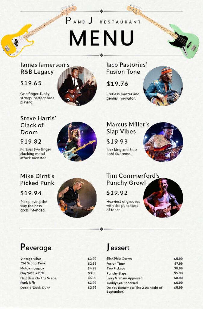 Image styled as a restaurant menu showing players with P and J basses