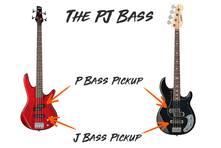 Image pointing at the pickups on a P bass and on a J bass