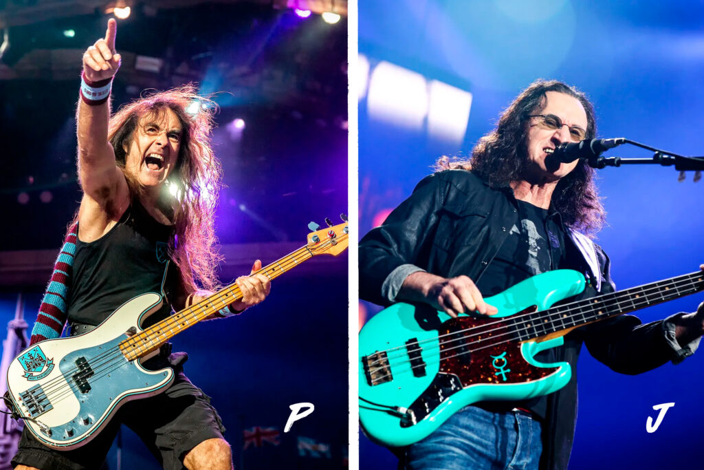 Pictures of two bass players side by side, one is playing a P bass and the other is playing a J bass